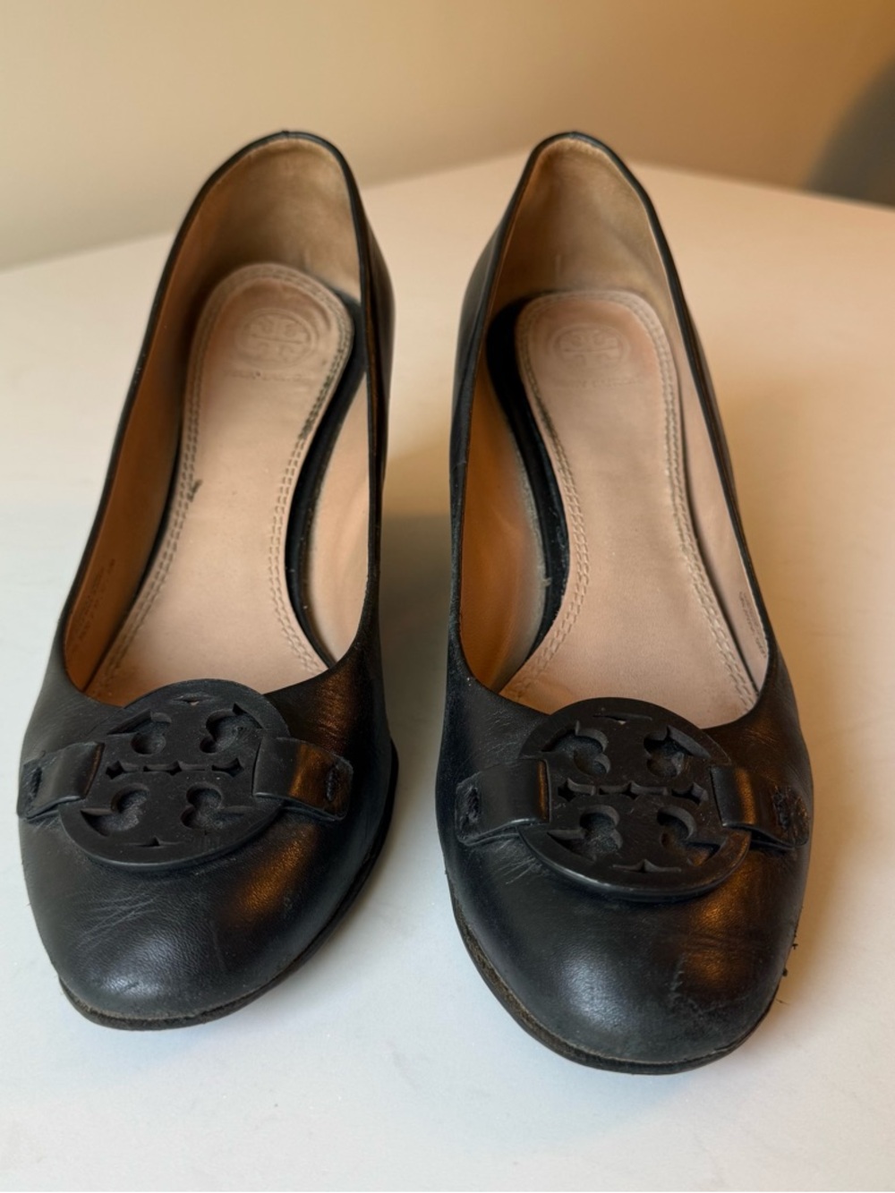 Tory Burch Black Leather Wedge Ballet Flats with Logo Medallion